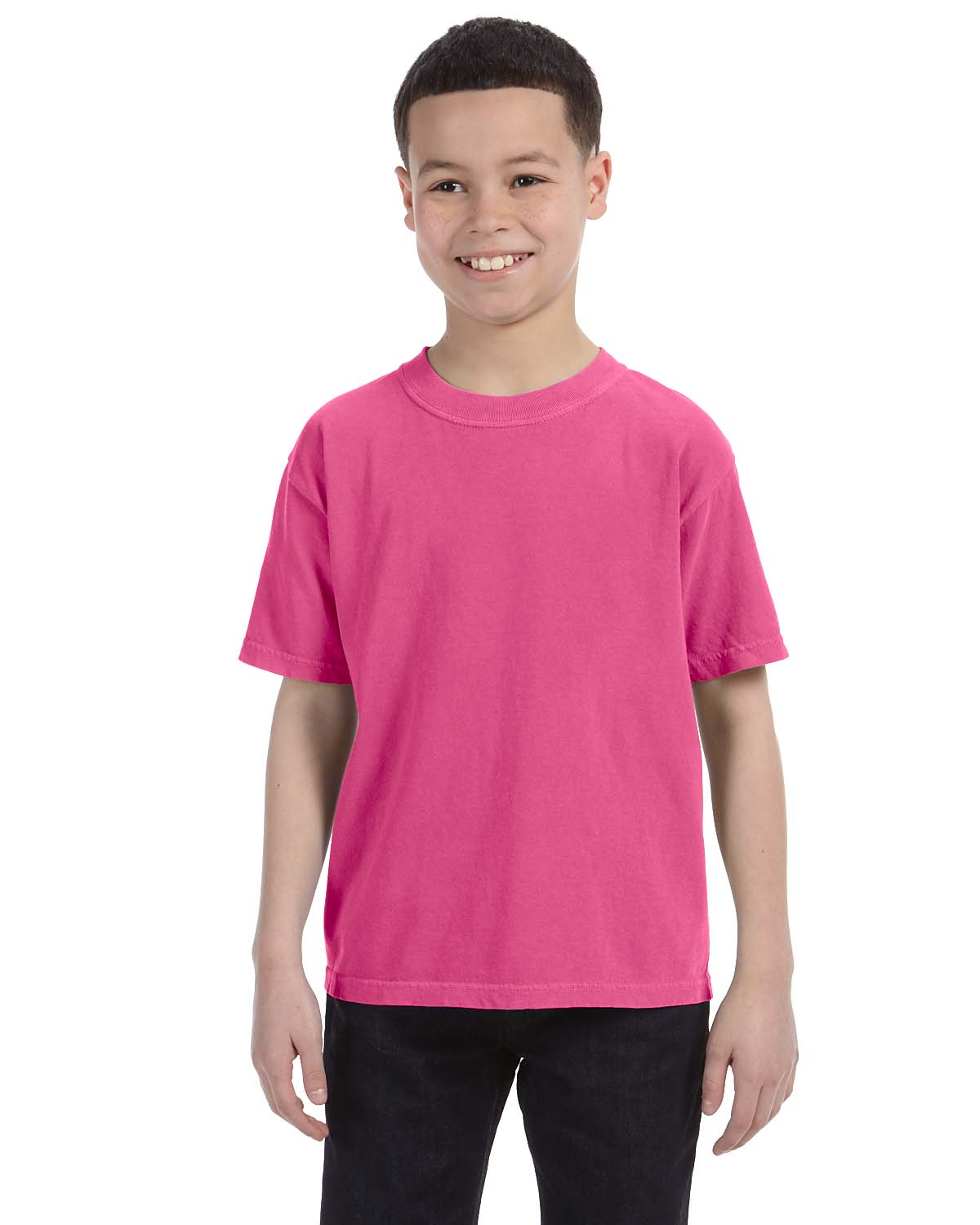 Boy wearing pink Comfort Colors tee
