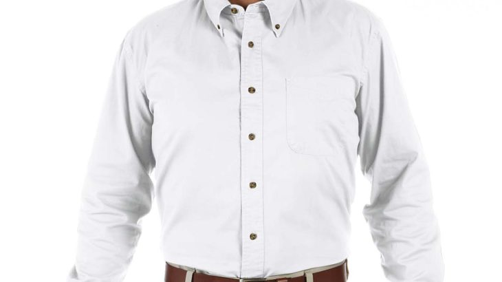 Man wearing white Devon & Jones twill work shirt