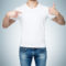 man pointing finger to blank t shirt